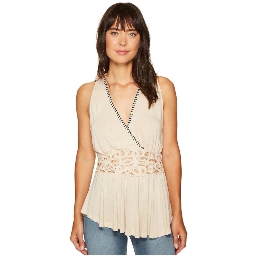 [Free People] Embroidered Crochet  Knit Peplum Top